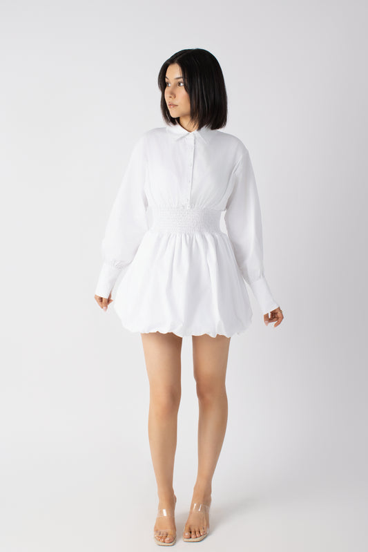 Bubble Hem Mini Shirt Dress  - Cinched Waist